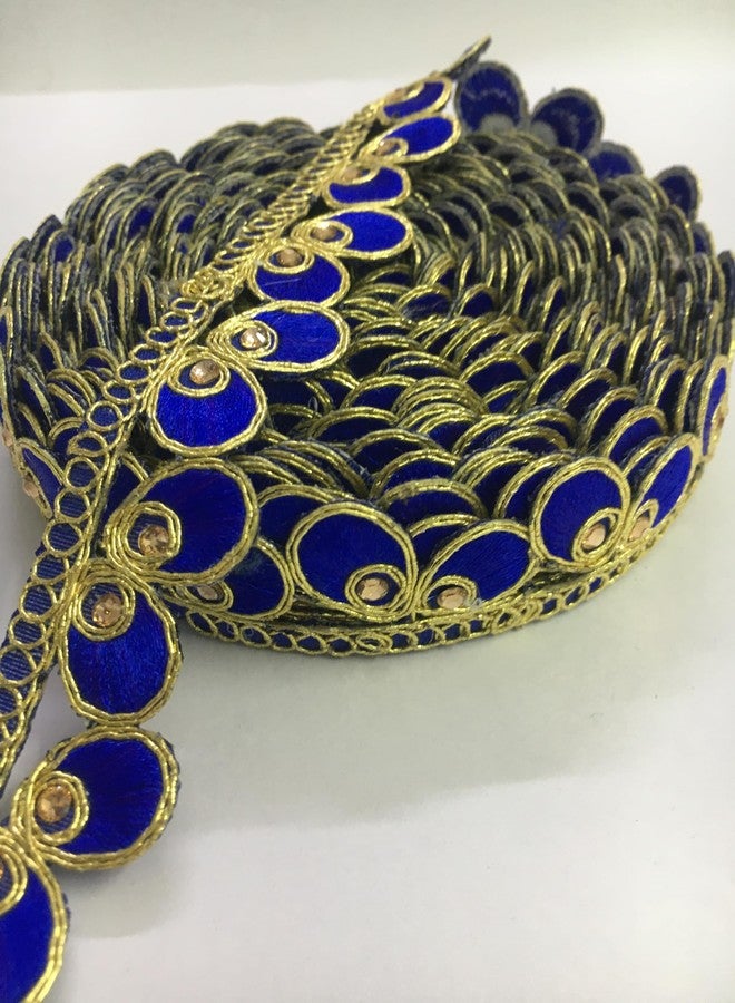 HEMDEV تطريز HEMDEV مقاس 1 بوصة Mor Pankh CutworkTrim من الدانتيل مع حجر للساري، كورتي، الفساتين، Bandhani، Lehenga، شريط زخرفي (9 متر) (أزرق ملكي) - Image 3